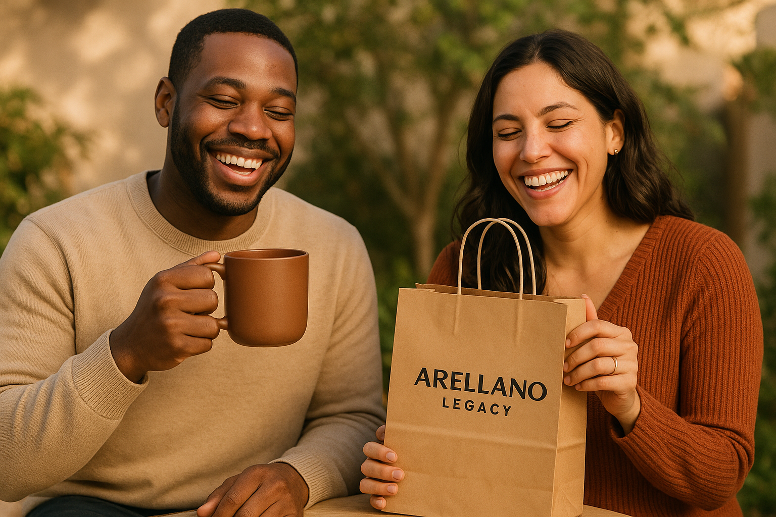quiero a dos personas satisfechas y felices disfrutando de su compra productos en arellano legacy